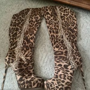 Womens Leopard Print over the knee boots with high heels and gold chain,